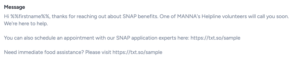 SNAP SMS Confirmation